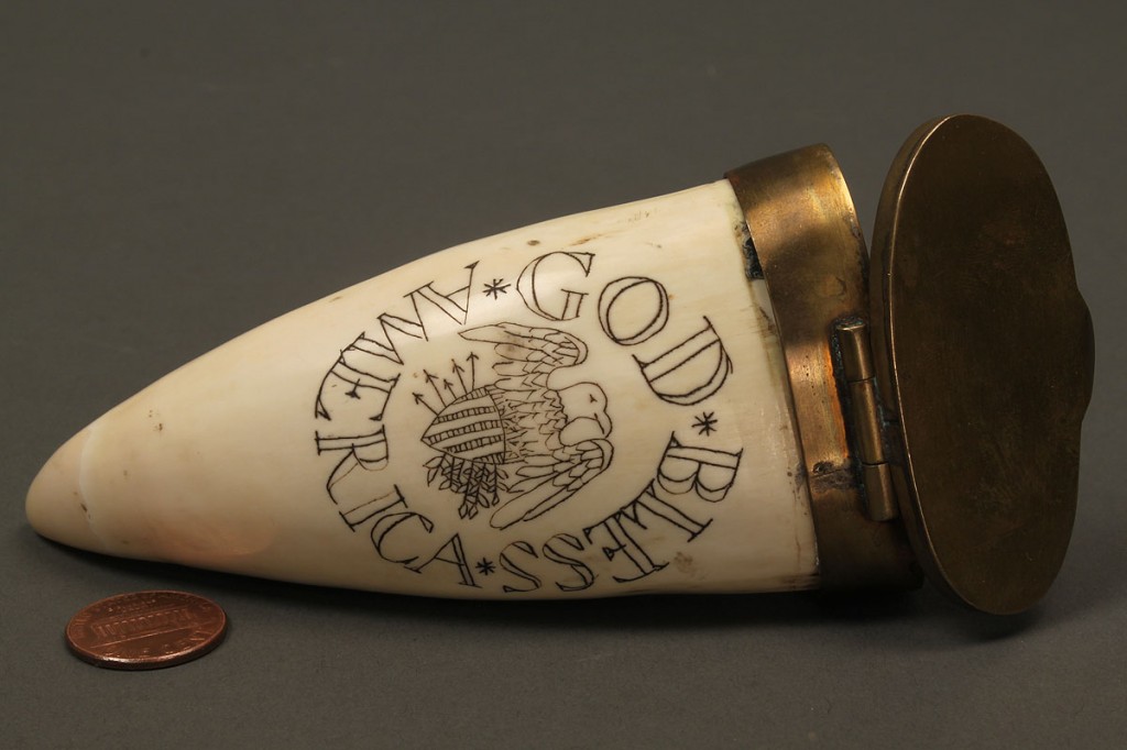 Lot 526: 8 powder flasks and 1 scrimshaw engraved tooth