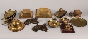 Lot 596: Assembled Brass desk and inkwell items, 17 items