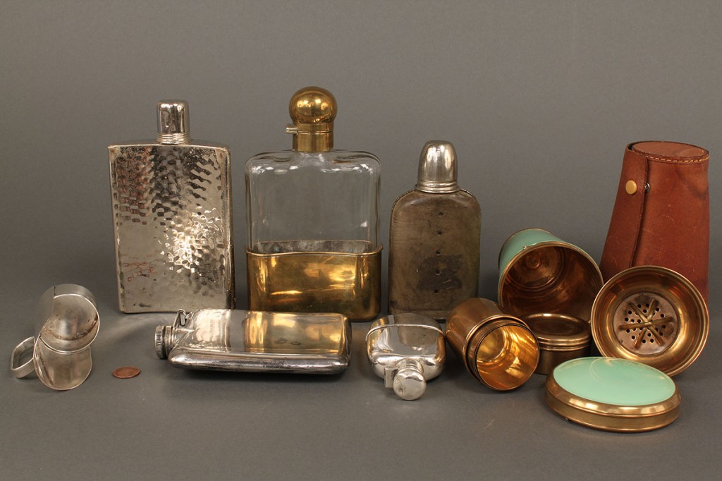 Lot 598: Group of Various Flasks, Travel Shaker & more
