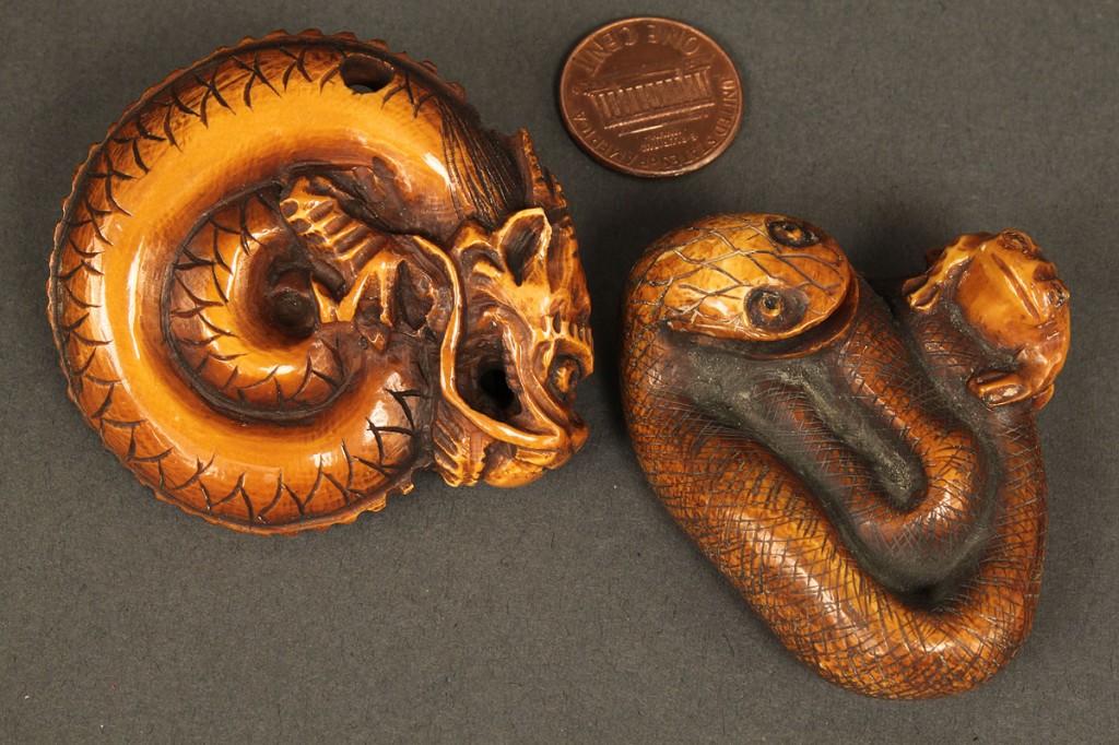 Lot 608: 2 Ivory Netsukes, Snake & Dragon