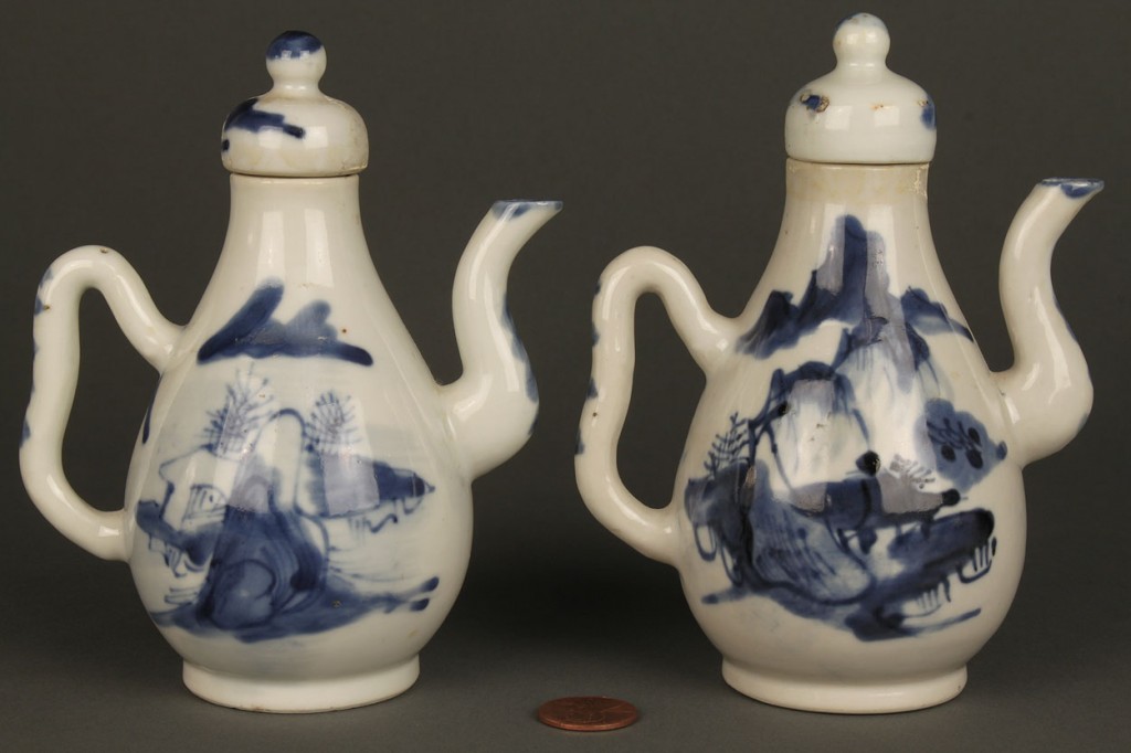 Lot 617: Pair of Chinese Export Blue & White Ewers