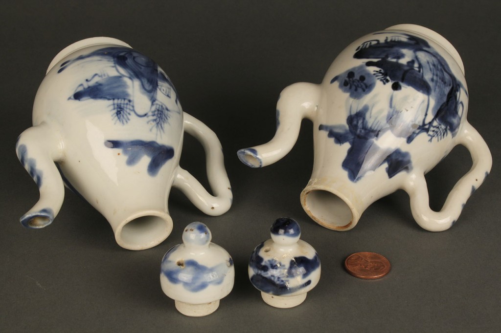 Lot 617: Pair of Chinese Export Blue & White Ewers