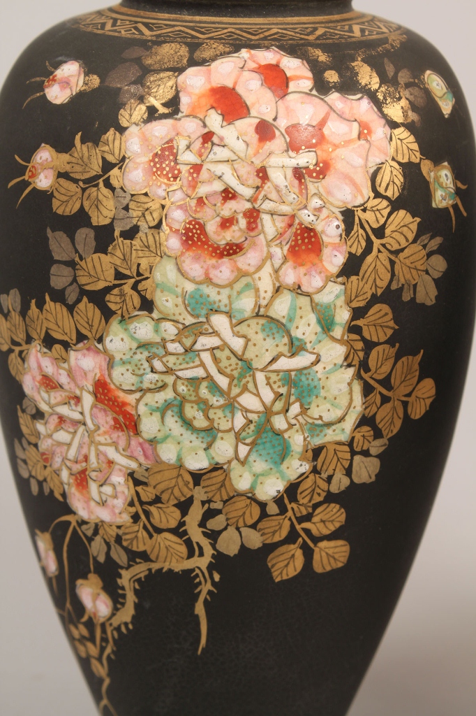 Lot 628: Pair Japanese Black Ground Satsuma Vases