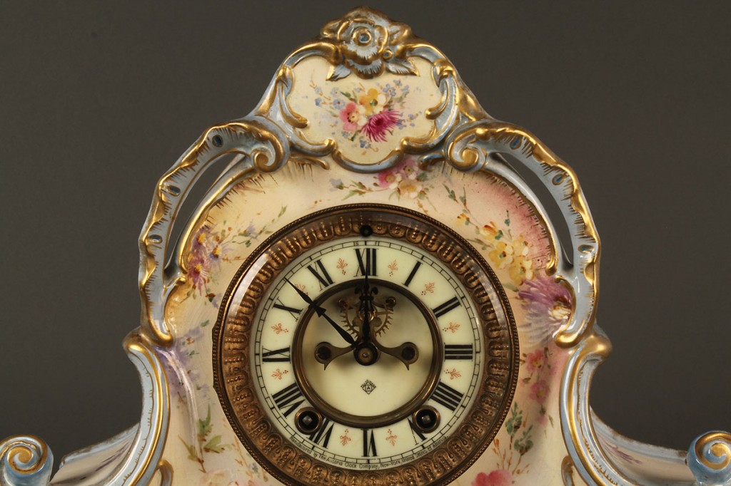 Lot 631: Ansonia Porcelain Mantle Clock w/ Royal Bonn Case