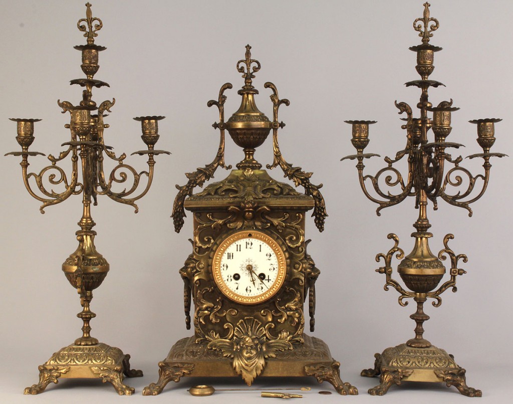 Lot 633: 3-pc French gilt bronze Mantel Clock & Candelabra