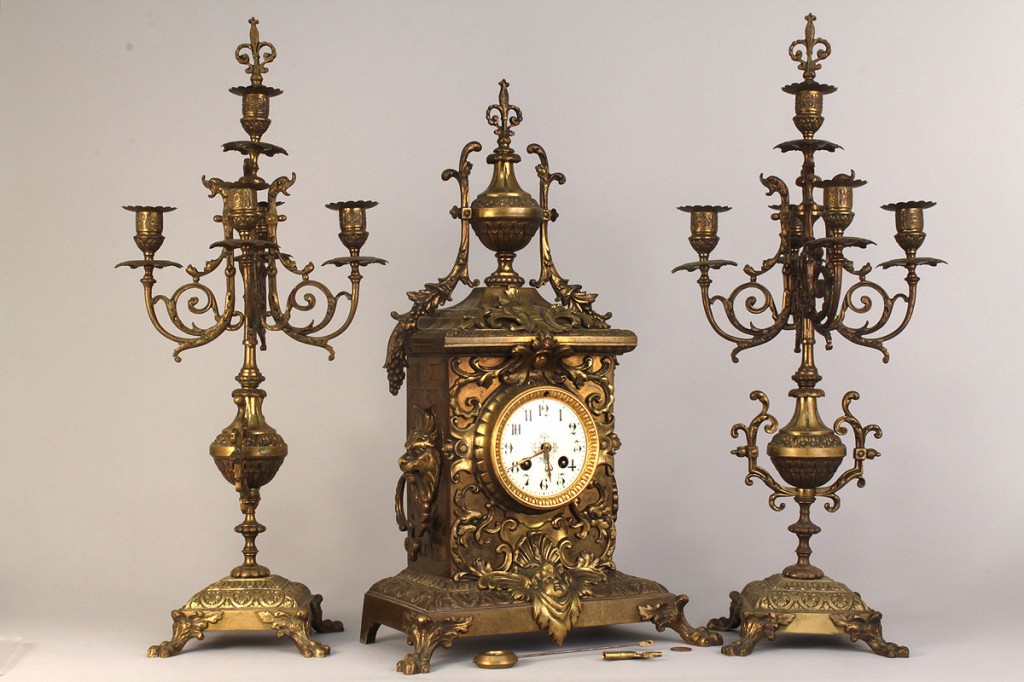 Lot 633: 3-pc French gilt bronze Mantel Clock & Candelabra