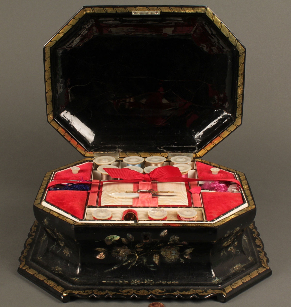 Lot 656: Mother of Pearl Sewing Box & contents