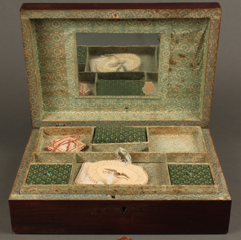 Lot 663: Shaker inlaid sewing box with contents