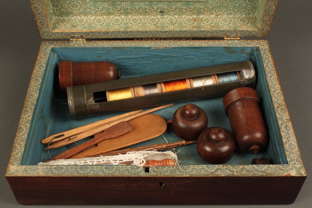 Lot 663: Shaker inlaid sewing box with contents