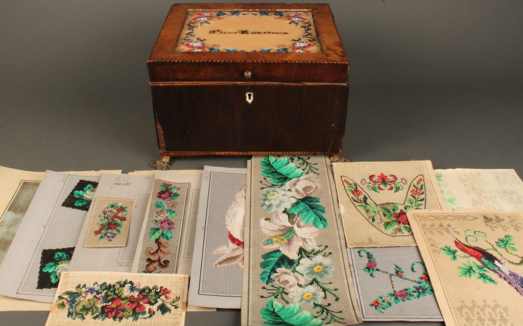 Lot 667: Regency sewing box w/ berlinwork patterns, 19th c.