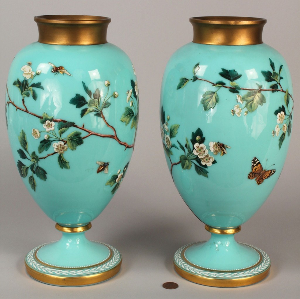 Lot 692: Pair of enameled Bristol Glass Vases