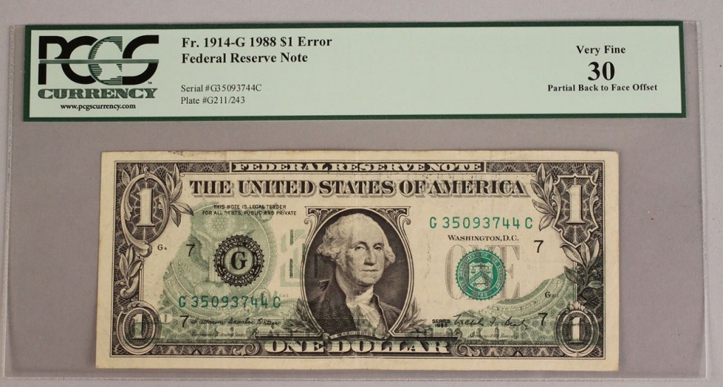Lot 712: 1914  G 1988 $1 Federal Reserve Note Error