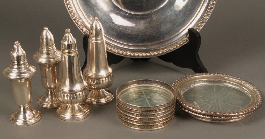 Lot 715: Silver & Glass plate, coasters, and s/p shakers, 1