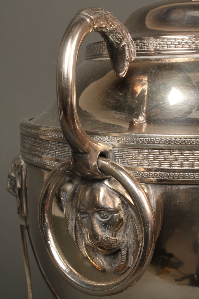 Lot 722: 19th c. Classical Silverplated coffee urn