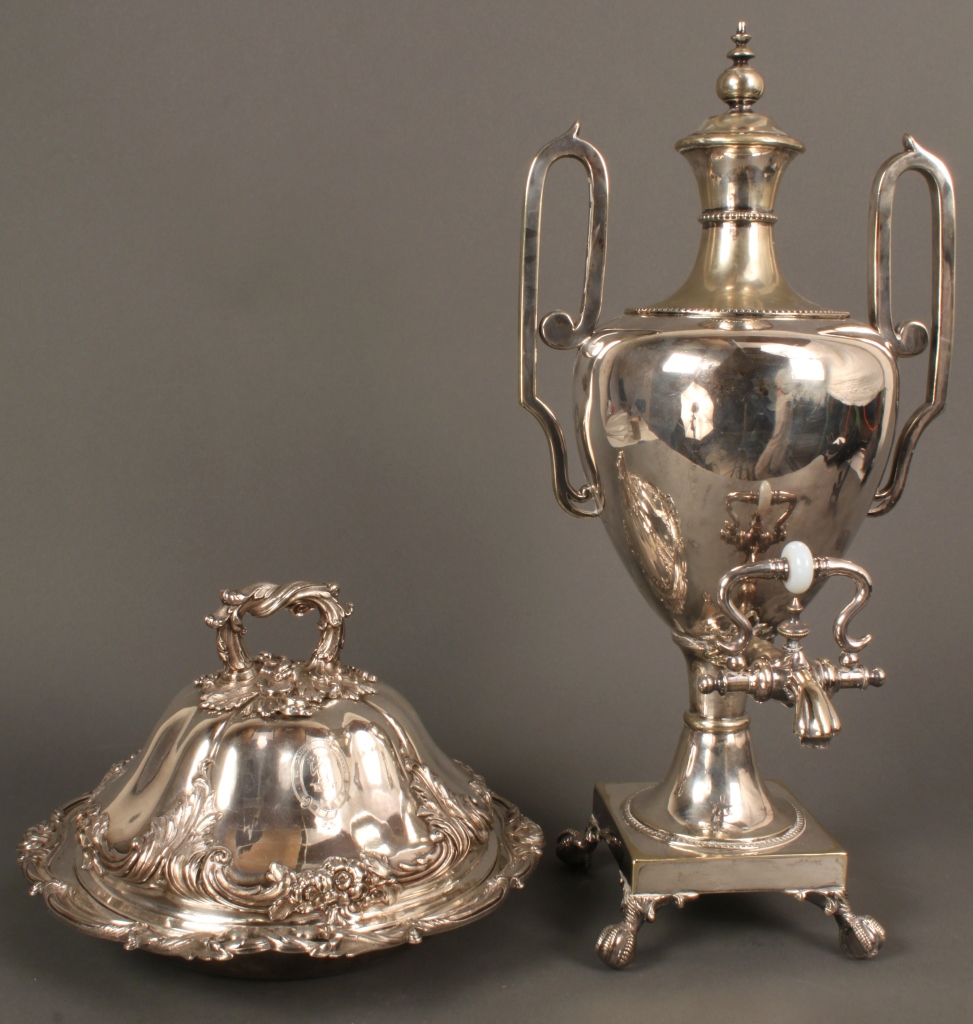 Lot 724: Victorian silverplate urn and entree dish w/crest