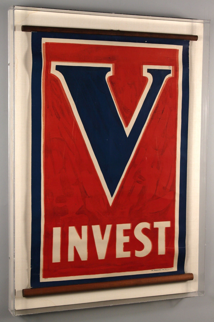 Lot 730: WWI banner, "Invest", plexiglass case