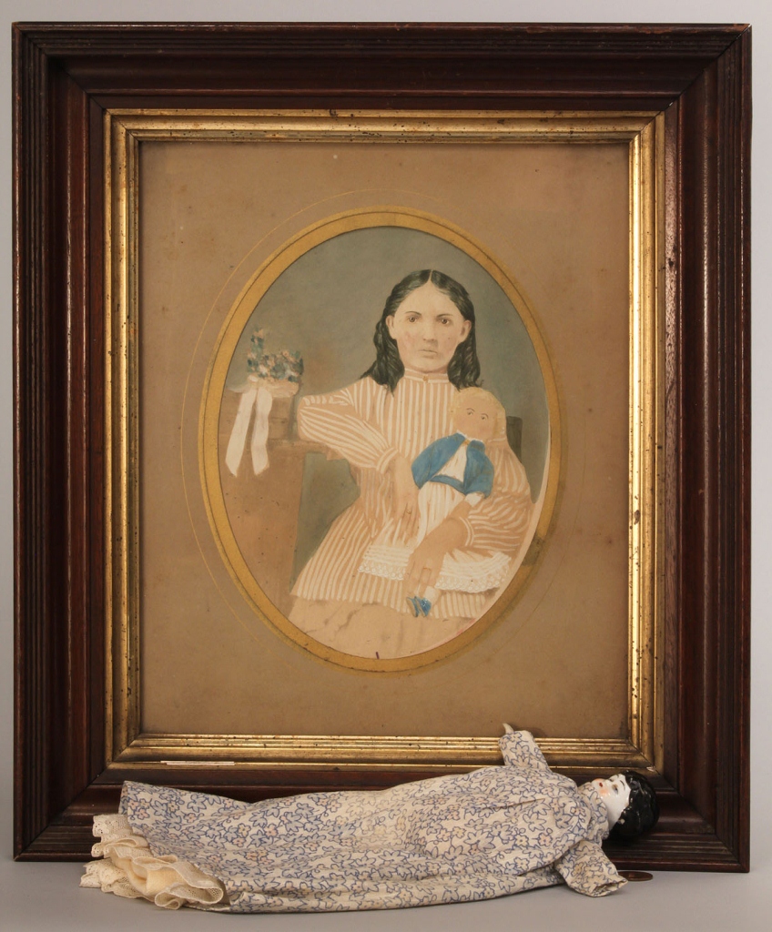 Lot 743: Folk Art Watercolor of Young Girl & Bisque Doll
