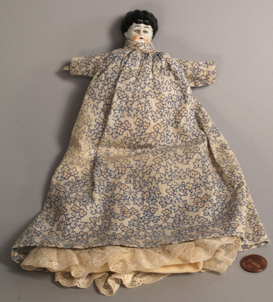 Lot 743: Folk Art Watercolor of Young Girl & Bisque Doll