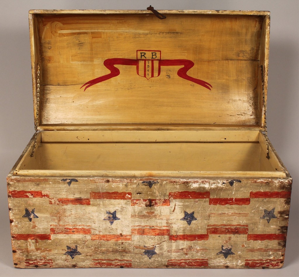 Lot 82: Patriotic painted trunk with eagles and stars