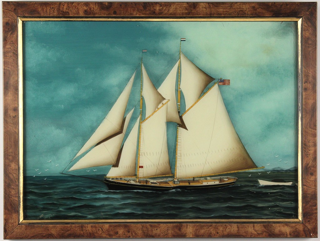 Lot 88: 19th century ship painting, reverse painting on gl