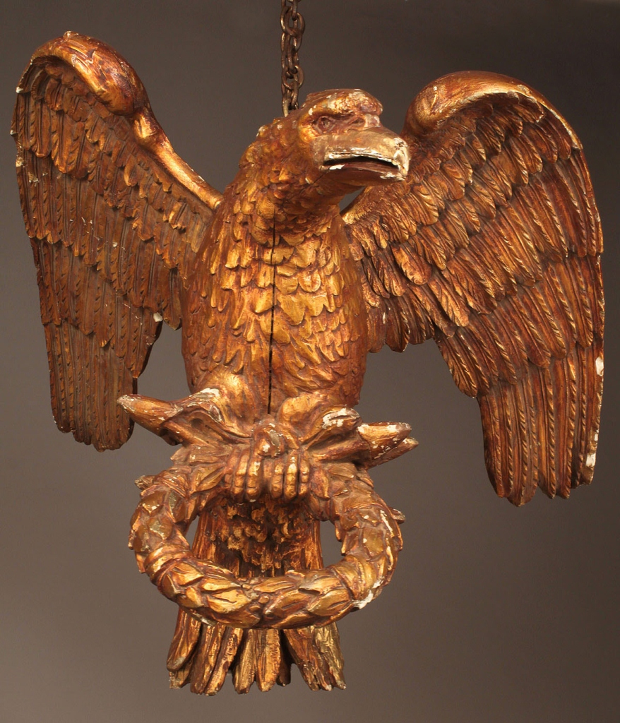 Lot 90: Large Continental hanging giltwood eagle with wrea