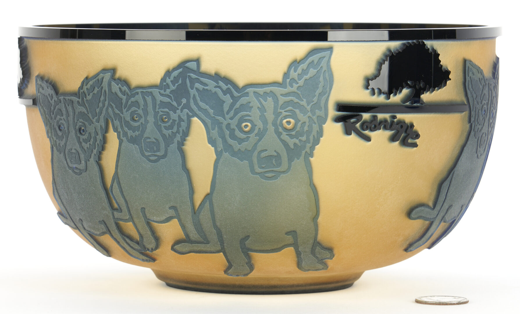 Lot 134: Rare George Rodrigue Cameo Glass Blue Dog Bowl