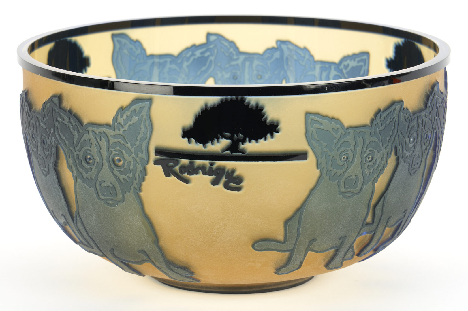 Lot 134: Rare George Rodrigue Cameo Glass Blue Dog Bowl