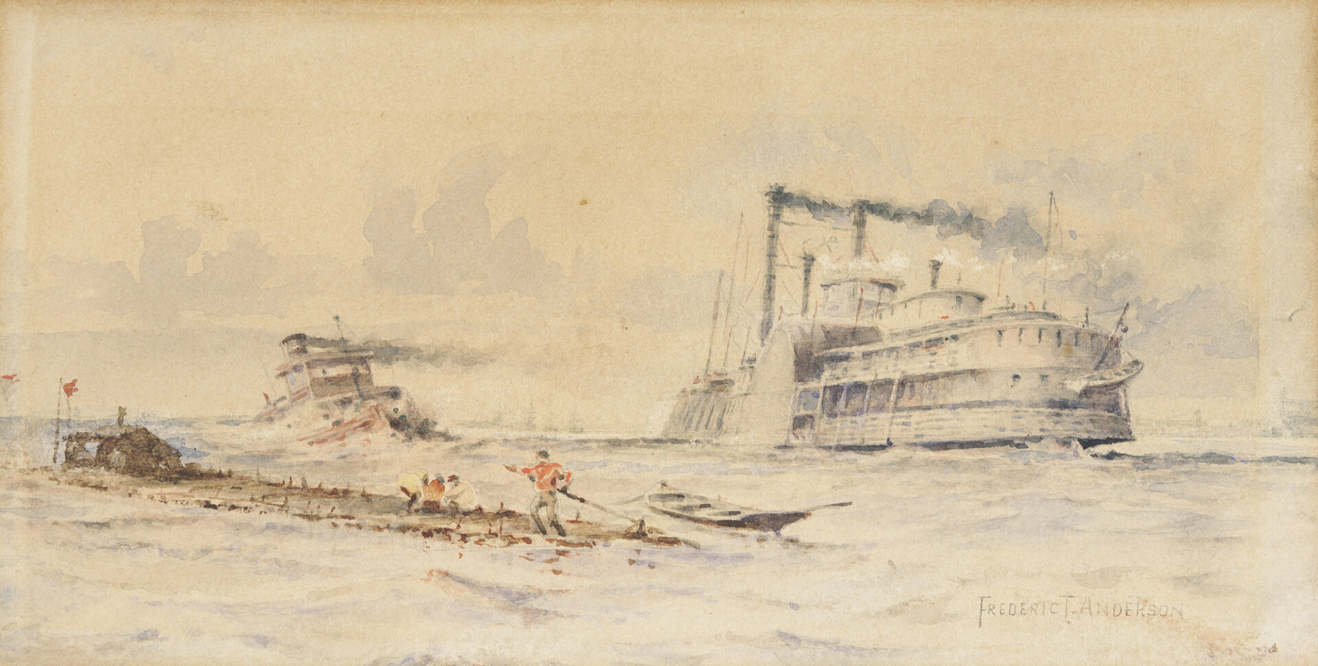 Lot 140: Frederic Tanqueray Anderson, Mississippi Riverboats Watercolor