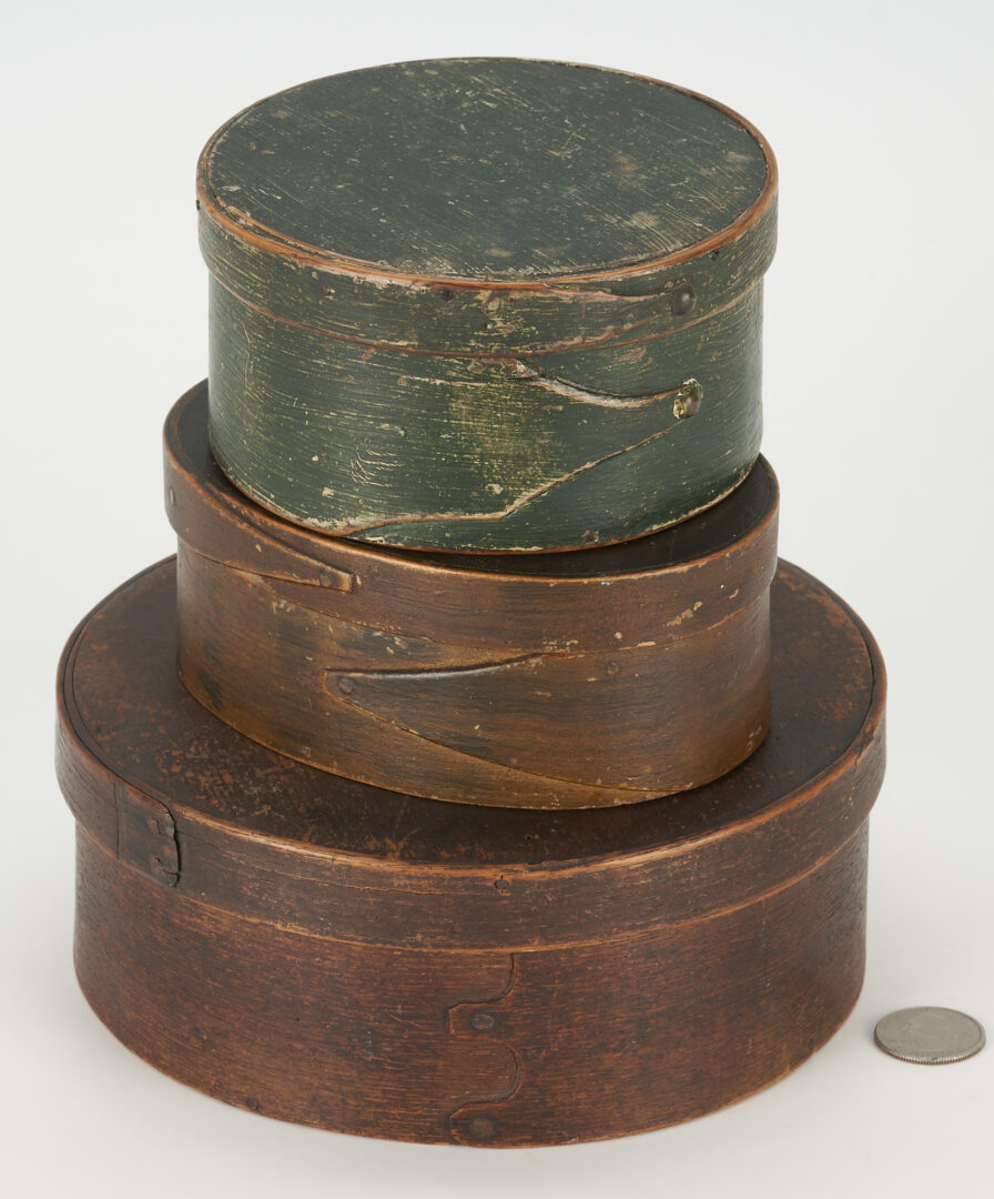 Lot 179: 3 Early Painted Pantry Boxes inc. Inlaid and Oval Grain Painted