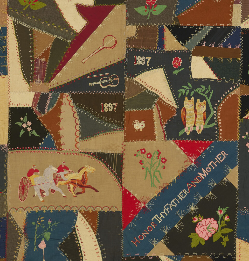Lot 183: Crazy Quilt Dated 1897, Embroidered Animals & Flowers