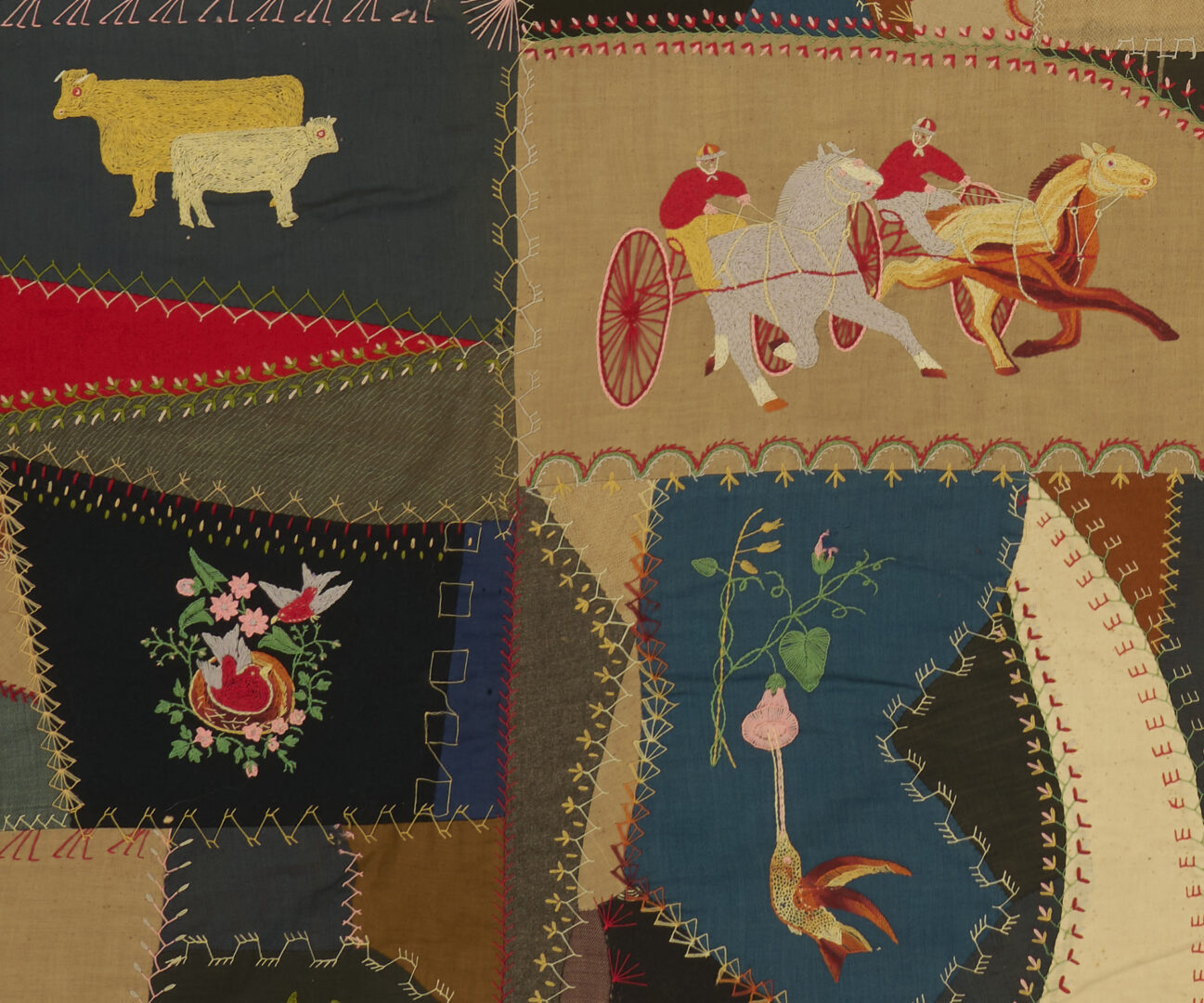 Lot 183: Crazy Quilt Dated 1897, Embroidered Animals & Flowers
