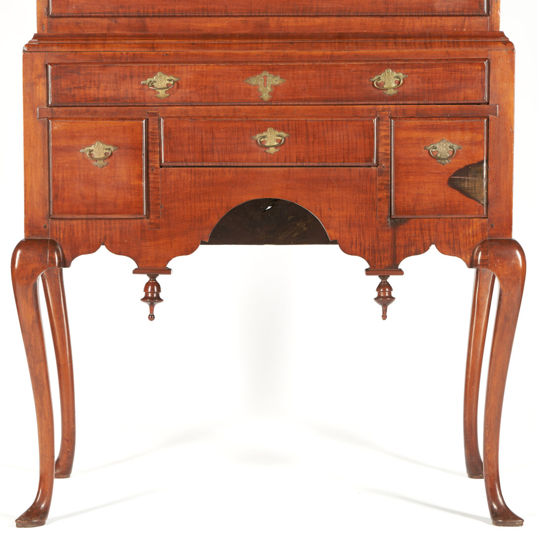 Lot 192: New England Queen Anne Tiger Maple Highboy, 18th Century