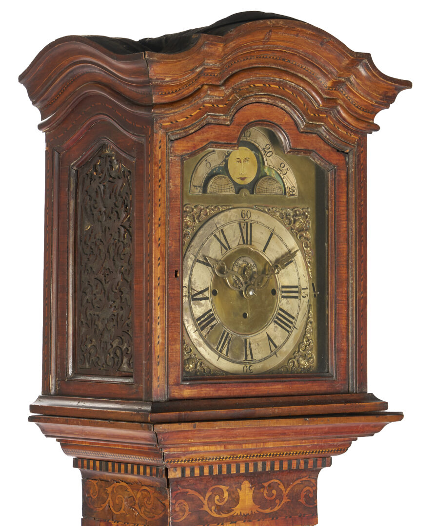 Lot 195: Dutch Rococo Marquetry Long Case Clock, 18th C.