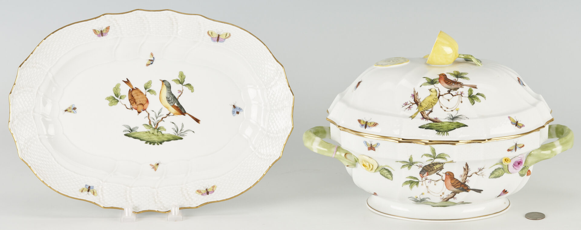 Lot 228: 2 Herend Rothschild Bird Porcelain Items, Tureen & Platter