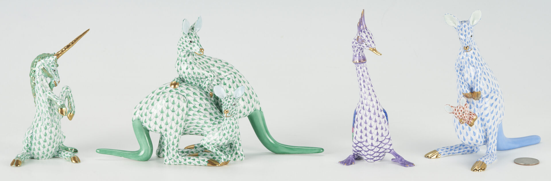 Lot 231: 4 Herend Porcelain Figurines, incl. Kangaroos, Bird & Unicorn
