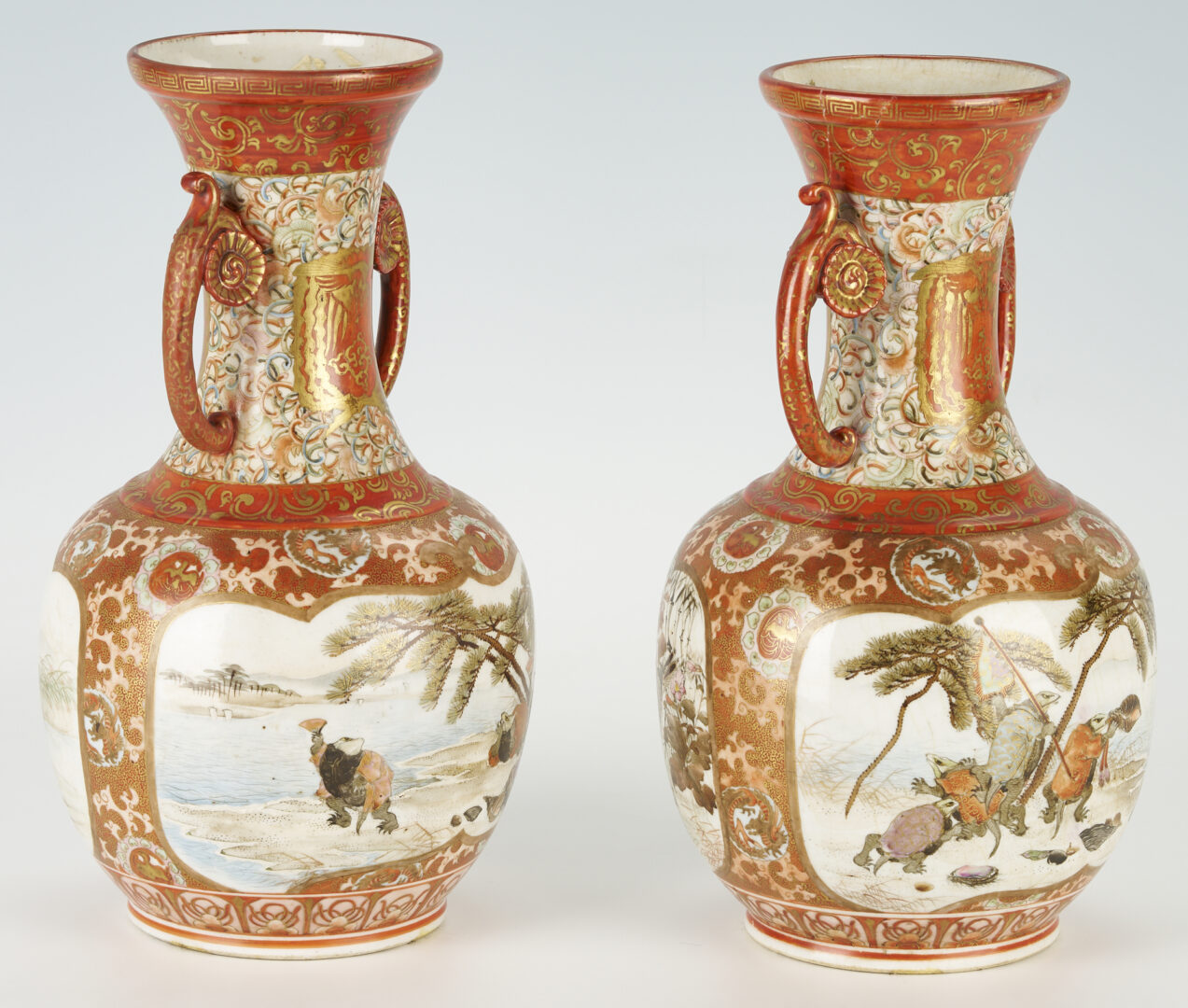 Lot 232: Bronze Mounted Japanese Porcelain Kutani Centerpiece & 2 Vases