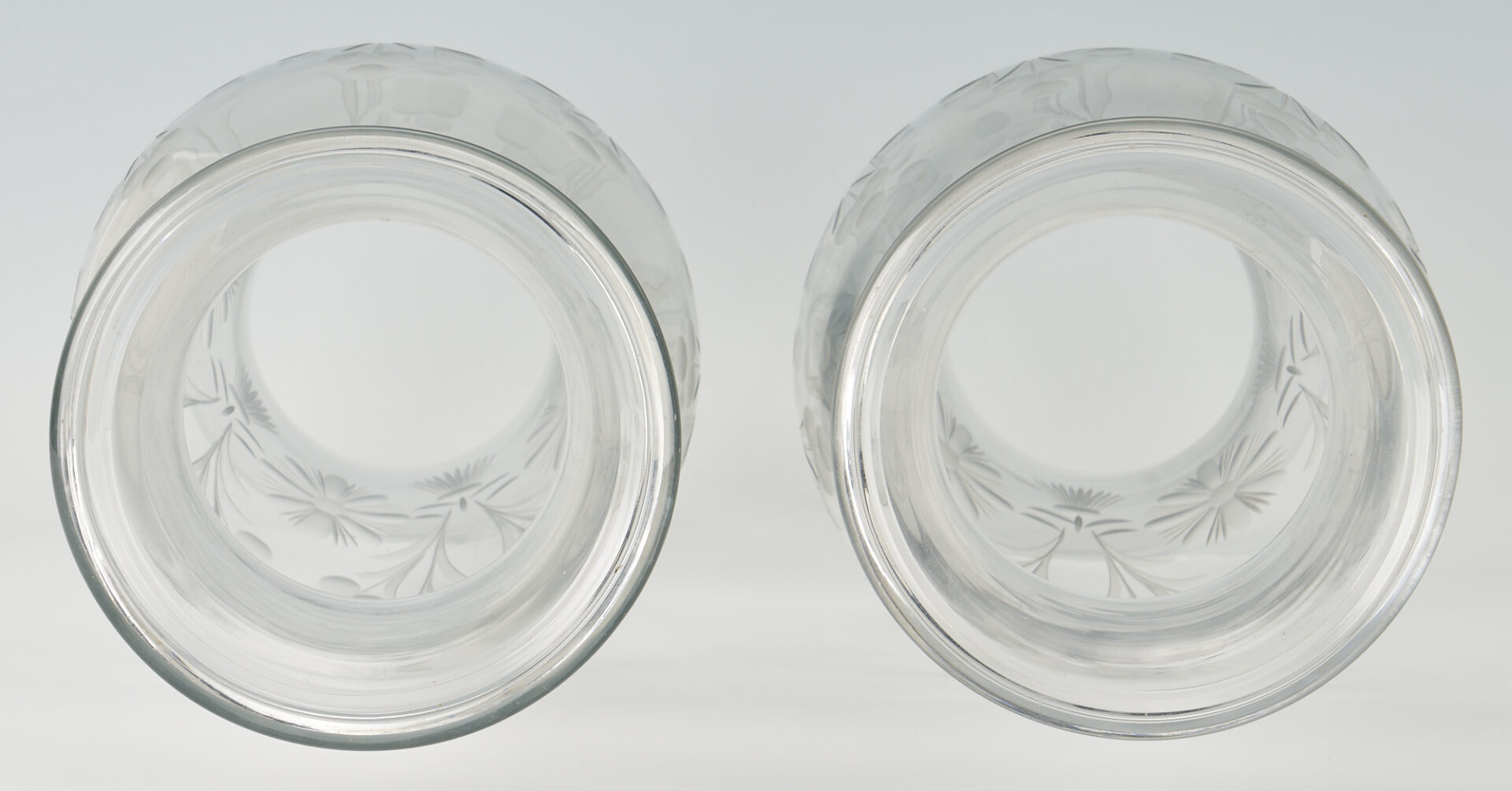 Lot 251: Two Engraved Blown Glass Hurricane Shades