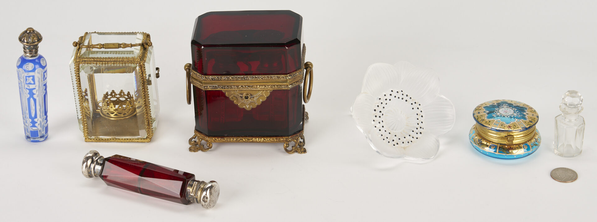 Lot 255: 7 Small Vanity Items incl. Ruby Glass Perfume Tantalus