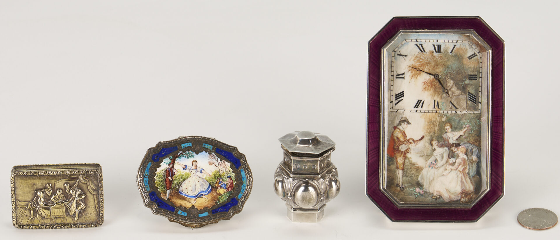 Lot 256: 4 Small Silver items: Vinaigrette, Oil Lamp, Enameled Clock and Compact