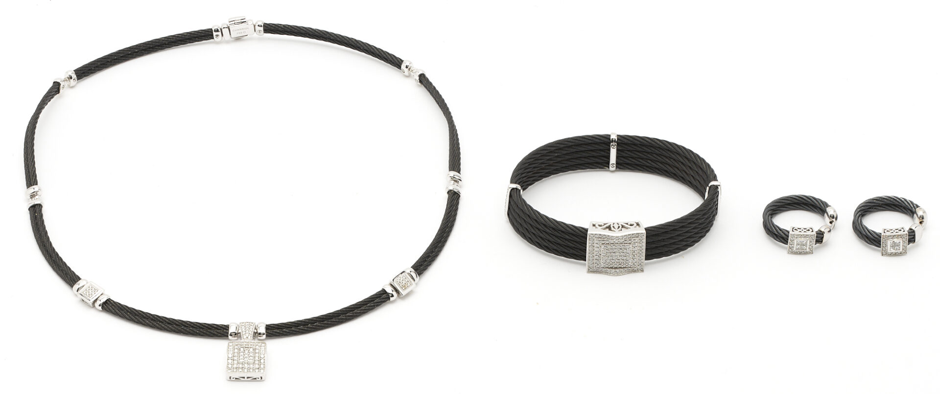 Lot 268: 18K, Diamond, & Black Cable Necklace, Bracelet, and Earrings by Charriol
