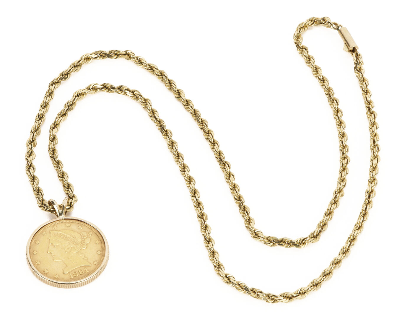 Lot 274: 14K Rope Chain Necklace w/ $5 Liberty Gold Coin Pendant