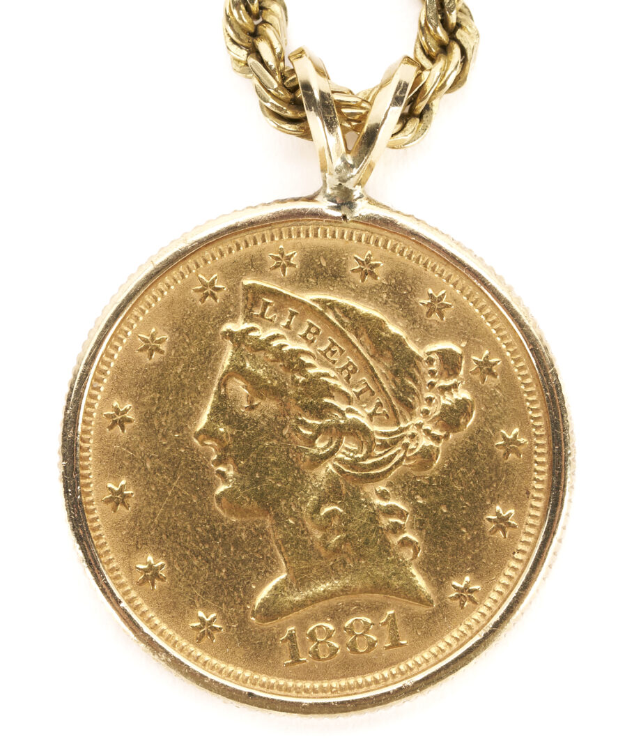 Lot 274: 14K Rope Chain Necklace w/ $5 Liberty Gold Coin Pendant