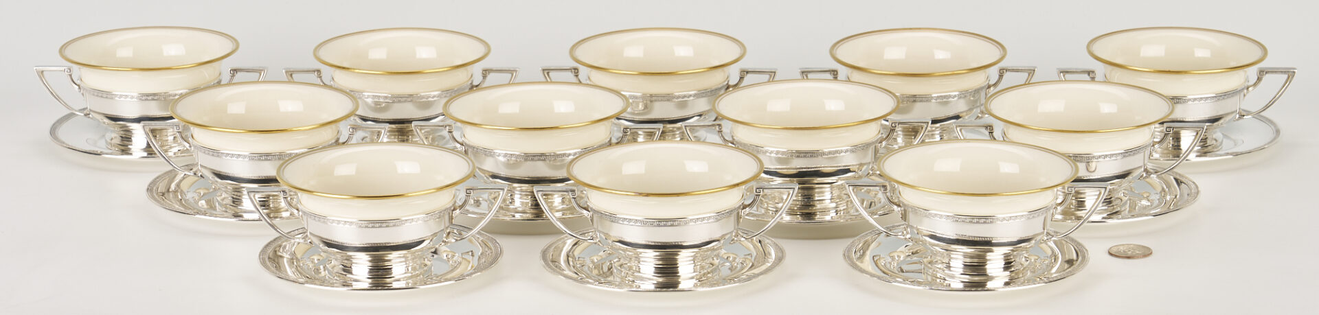 Lot 287: 12 Gorham Sterling Silver and Lenox Porcelain Soup Cups and Underplates