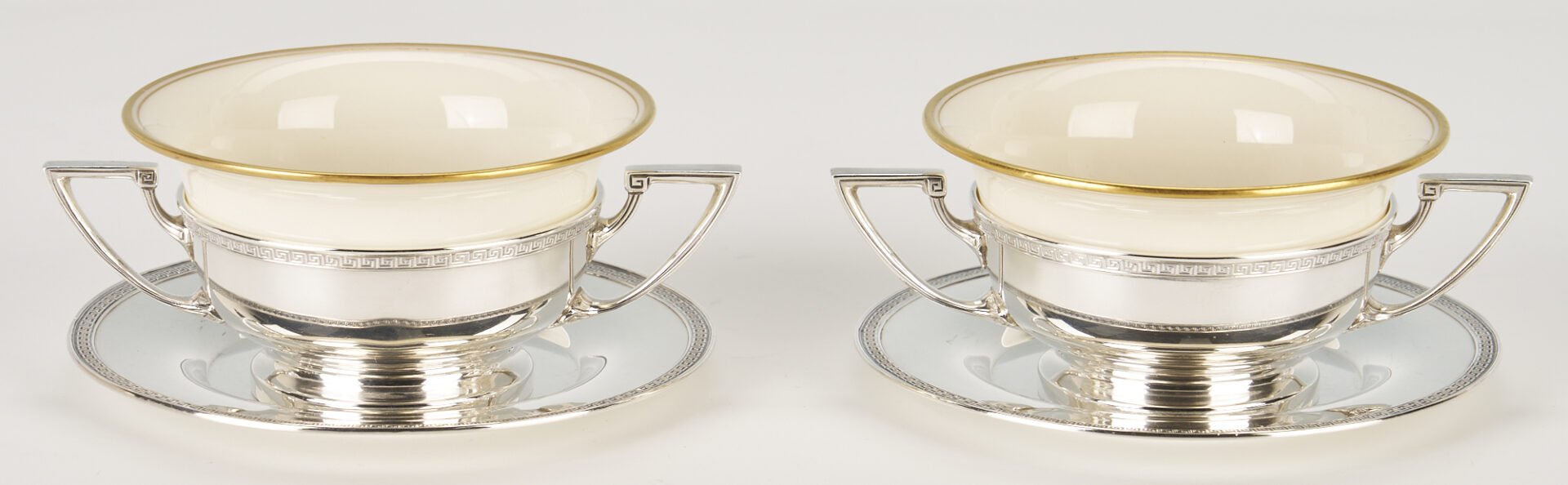 Lot 287: 12 Gorham Sterling Silver and Lenox Porcelain Soup Cups and Underplates