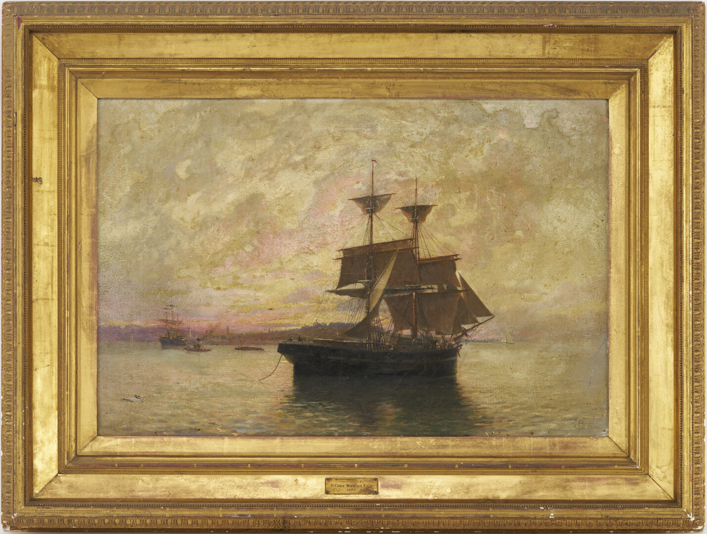 Lot 309: English School 19th c. Sunset Seascape Painting, Signed
