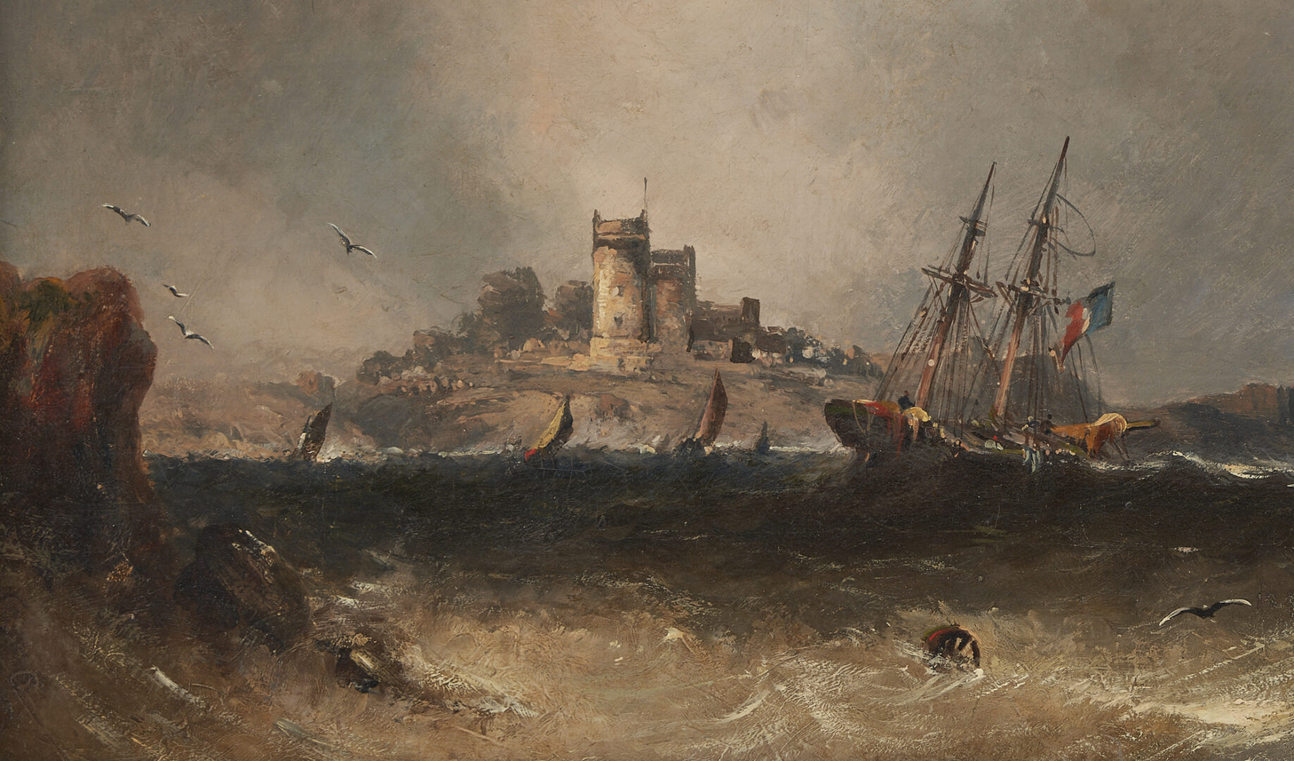 Lot 310: William McAlpine 19th c. O/C Seascape, Ships on a Stormy Sea