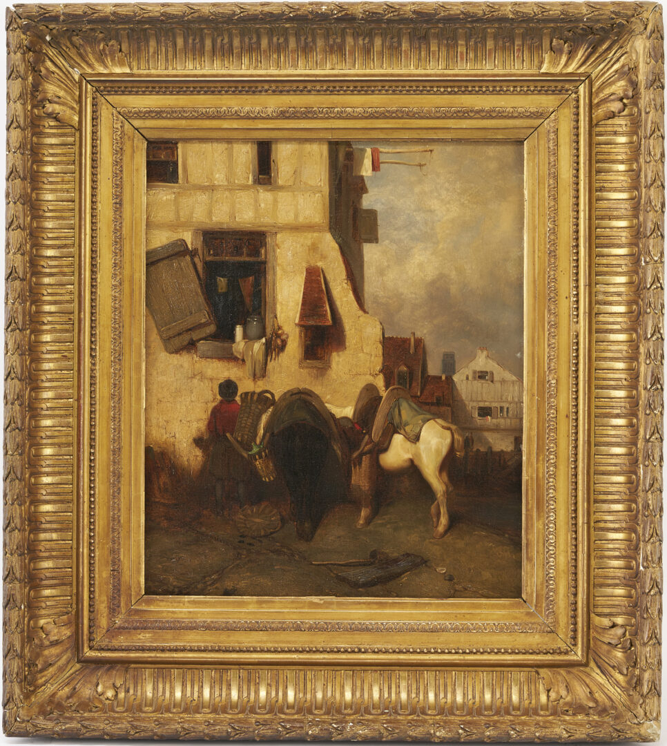 Lot 312: French School 19th C. Painting, Village with Figure and Horses