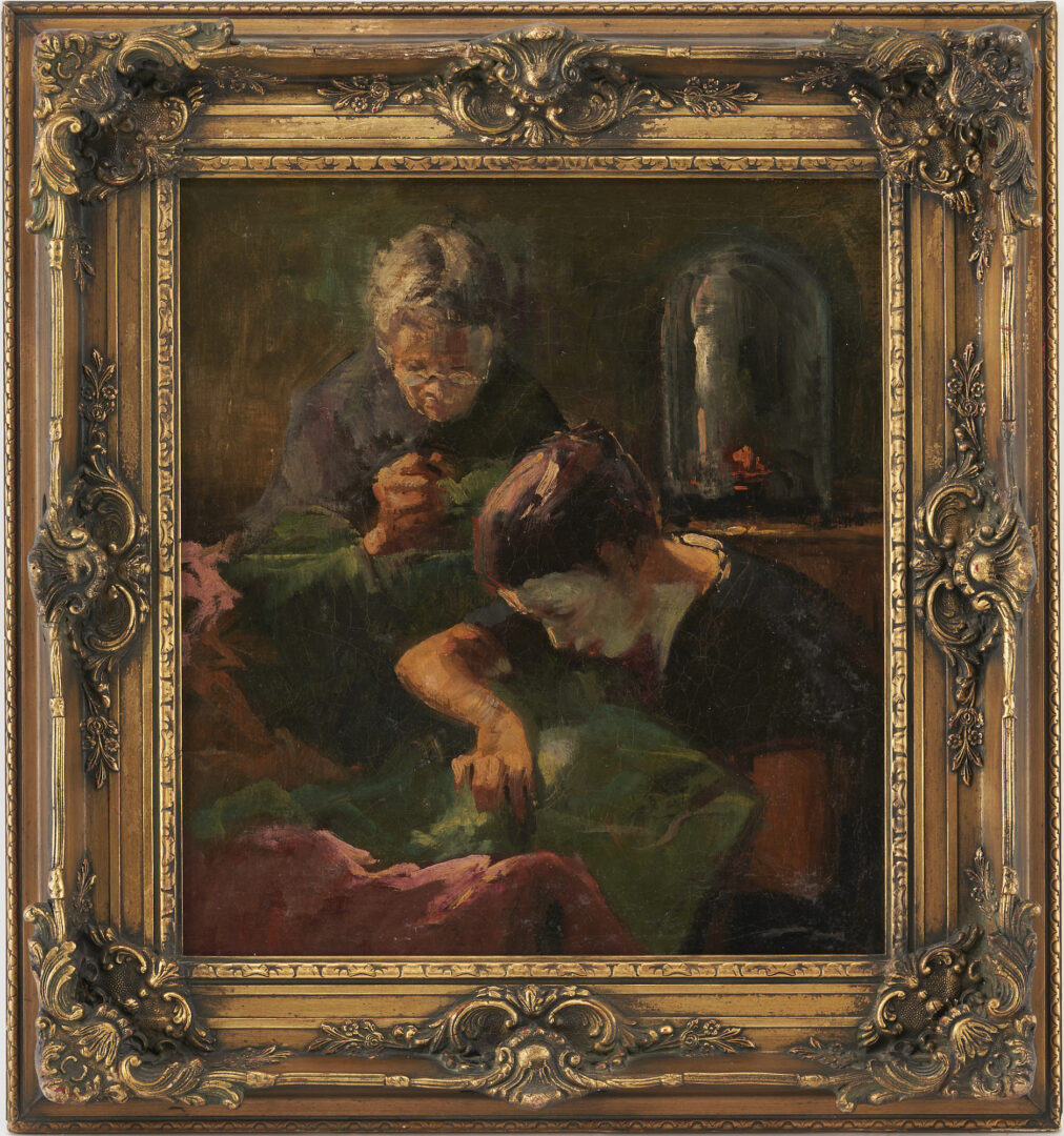 Lot 314: Karoly Kotasz O/C Genre Painting, Two Women Sewing
