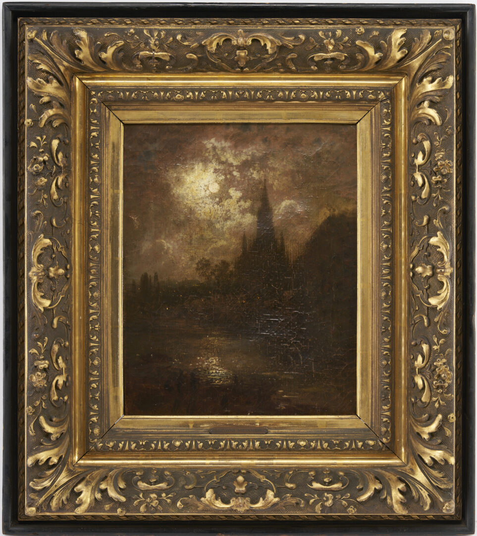 Lot 318: Ludwig Meixner 19th c. O/C Moonlit Landscape in original gesso frame