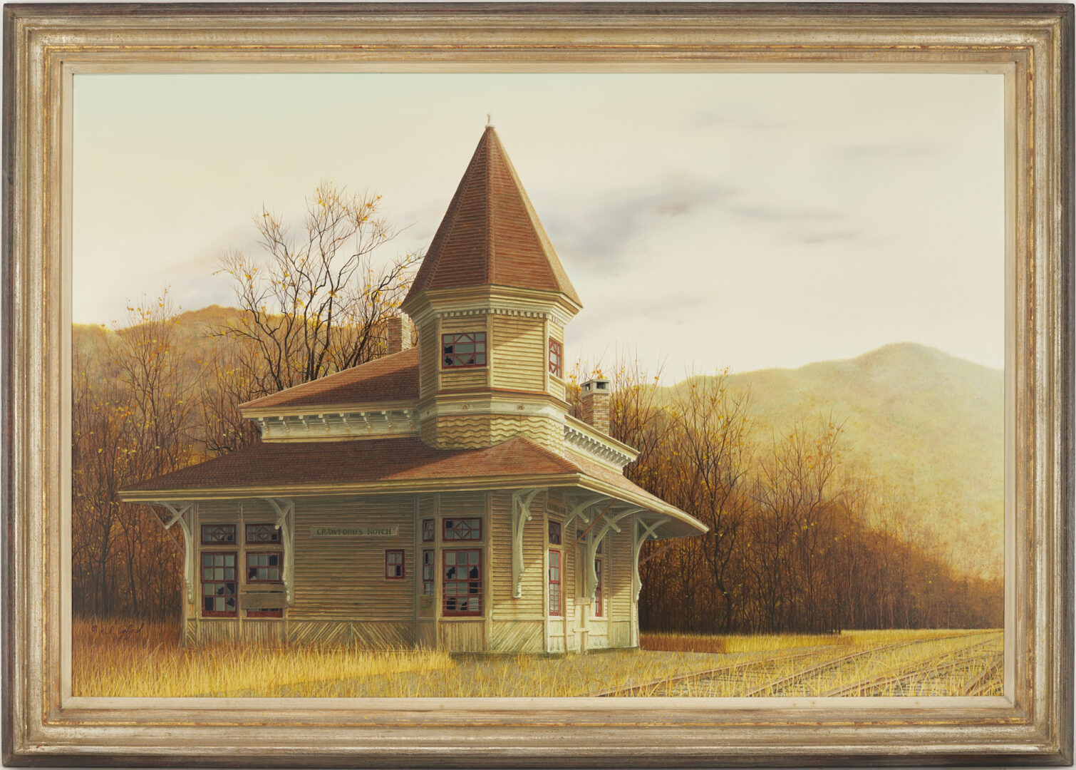 Lot 322: Douglas Gifford Oil Painting, Crawford's Notch Train Station, New Hampshire